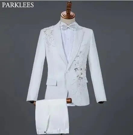 White Embroidered Diamond Suit Men Wedding Groom Tuxedo Suits Mens Stand Collar Prom Stage Costume Mens Suits with Pants Ternos