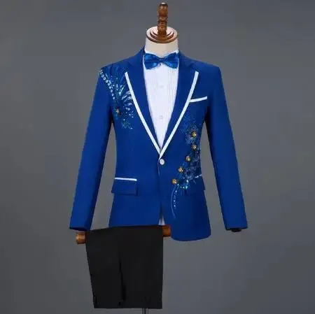 White Embroidered Diamond Suit Men Wedding Groom Tuxedo Suits Mens Stand Collar Prom Stage Costume Mens Suits with Pants Ternos