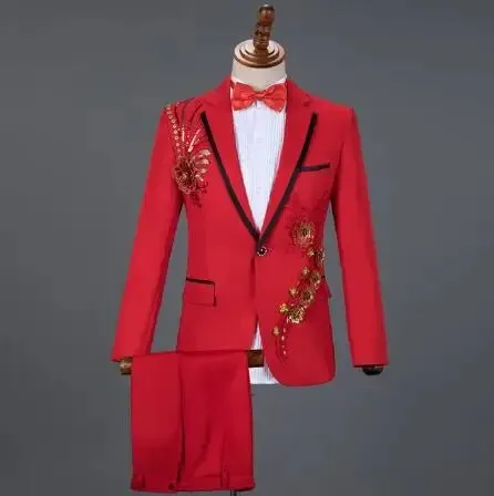 White Embroidered Diamond Suit Men Wedding Groom Tuxedo Suits Mens Stand Collar Prom Stage Costume Mens Suits with Pants Ternos