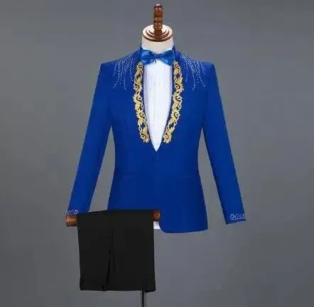 White Embroidered Diamond Suit Men Wedding Groom Tuxedo Suits Mens Stand Collar Prom Stage Costume Mens Suits with Pants Ternos