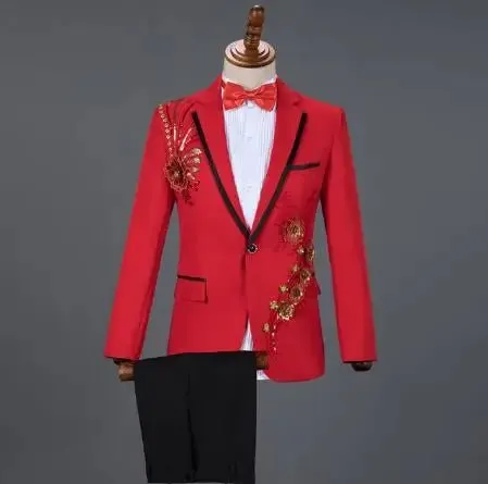 White Embroidered Diamond Suit Men Wedding Groom Tuxedo Suits Mens Stand Collar Prom Stage Costume Mens Suits with Pants Ternos