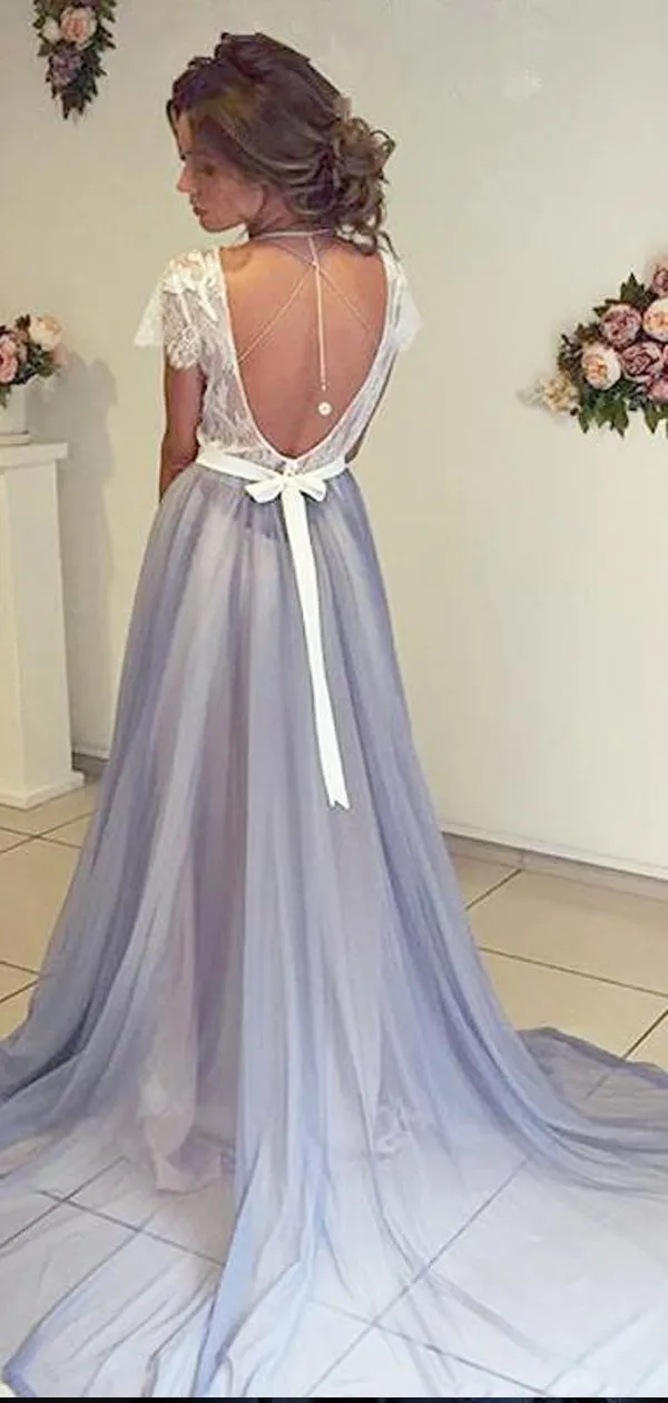 White Lace Top Short Sleeve Backless Long A-line Chiffon Prom Dresses, BG0025