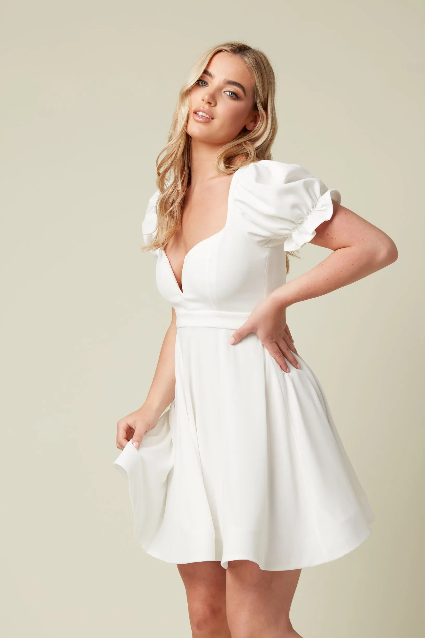 White Skater Dress with Deep V Neckline and Chiffon Sleeve
