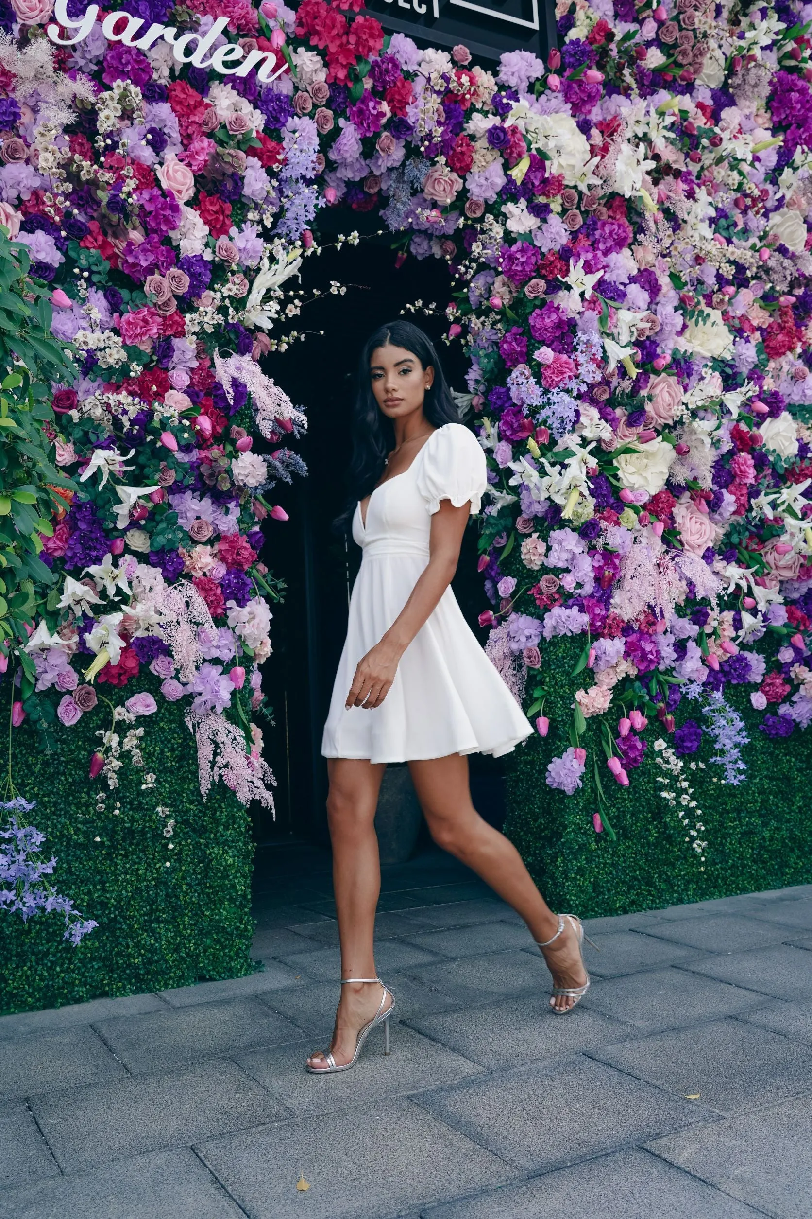 White Skater Dress with Deep V Neckline and Chiffon Sleeve