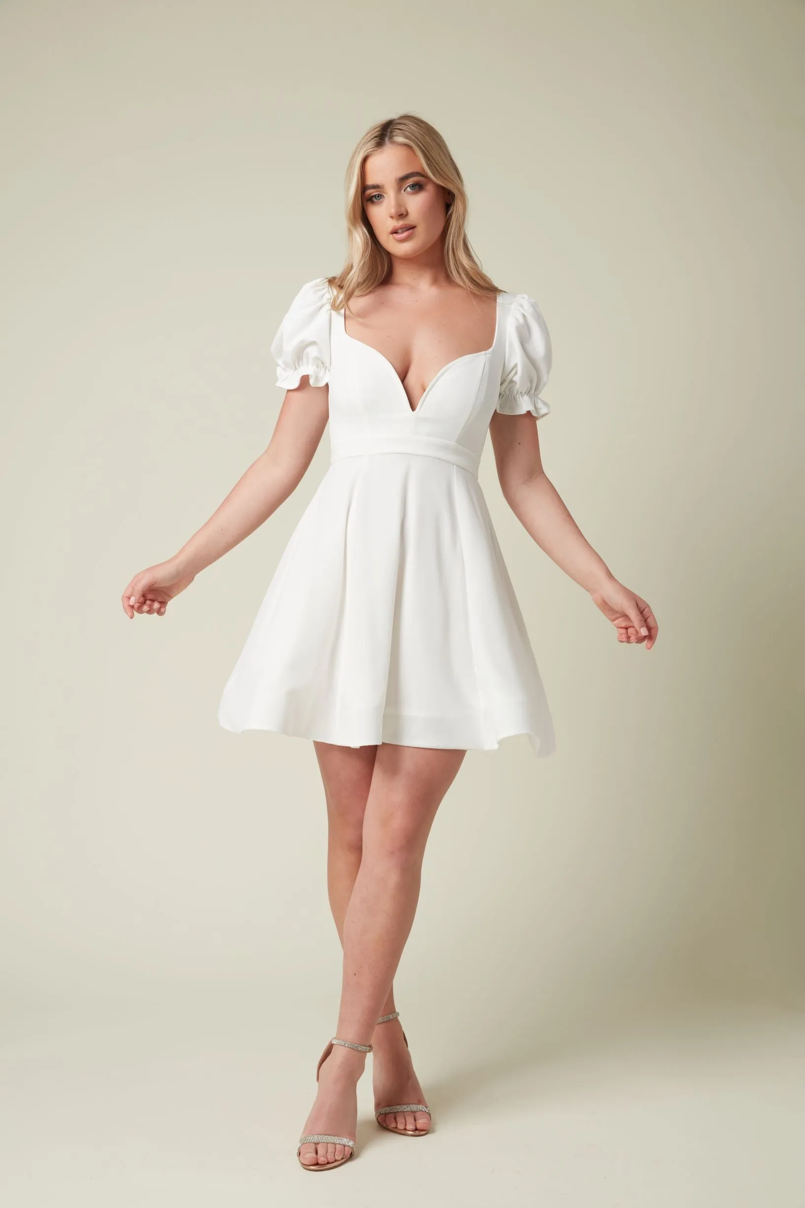 White Skater Dress with Deep V Neckline and Chiffon Sleeve