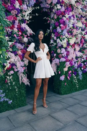 White Skater Dress with Deep V Neckline and Chiffon Sleeve
