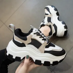 Women Black White Platform Thick Sole Running Casual Shoe