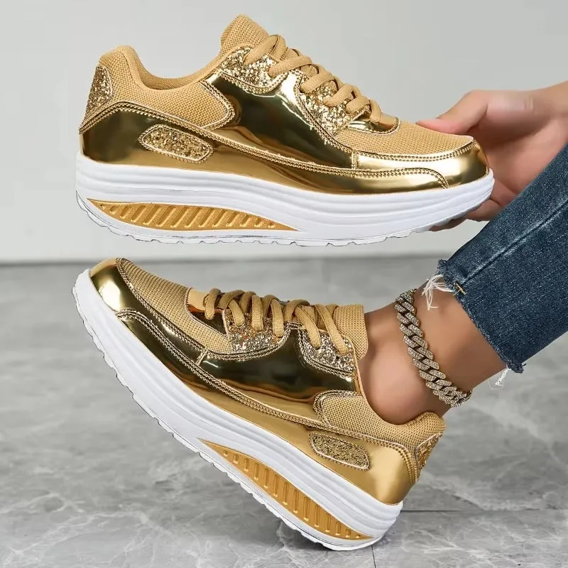 Women Golden Lace-up Platform Sneakers