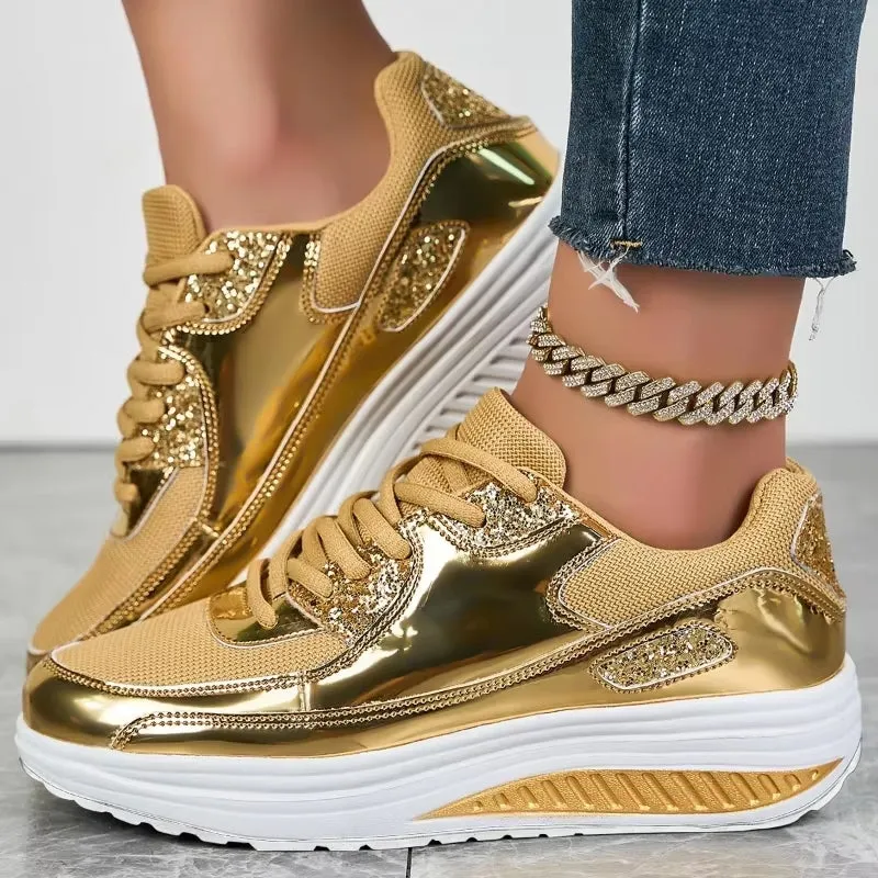 Women Golden Lace-up Platform Sneakers