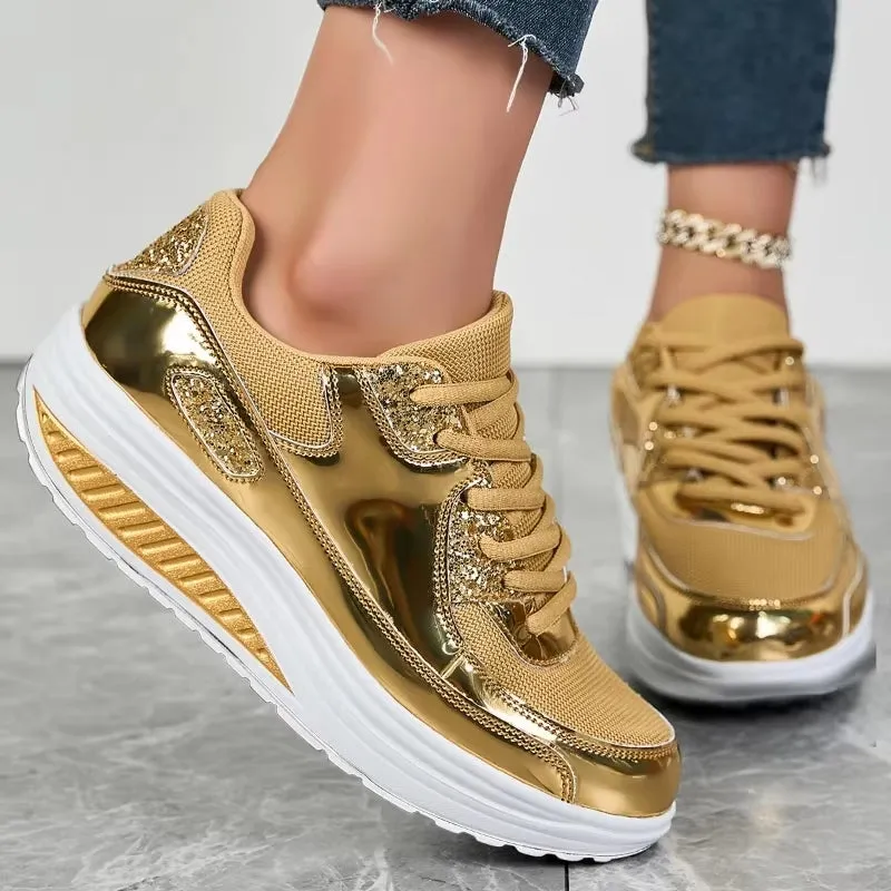 Women Golden Lace-up Platform Sneakers