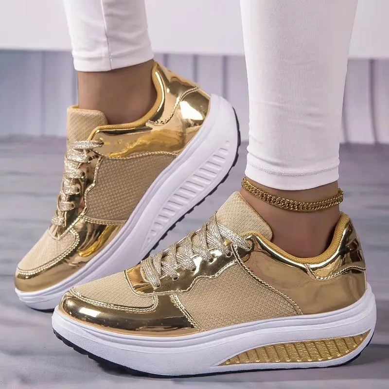 Women Golden Lace-up Platform Sneakers