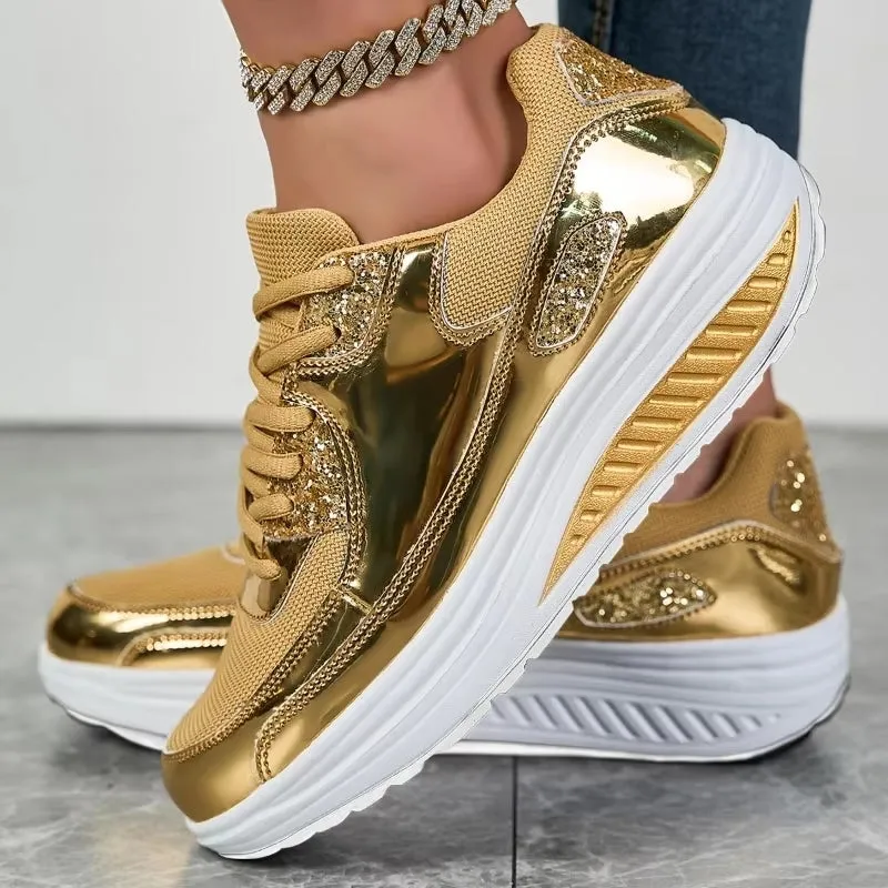 Women Golden Lace-up Platform Sneakers