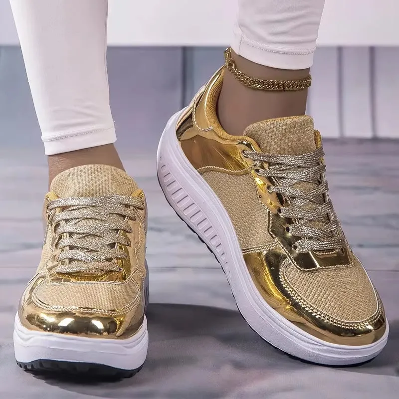 Women Golden Lace-up Platform Sneakers