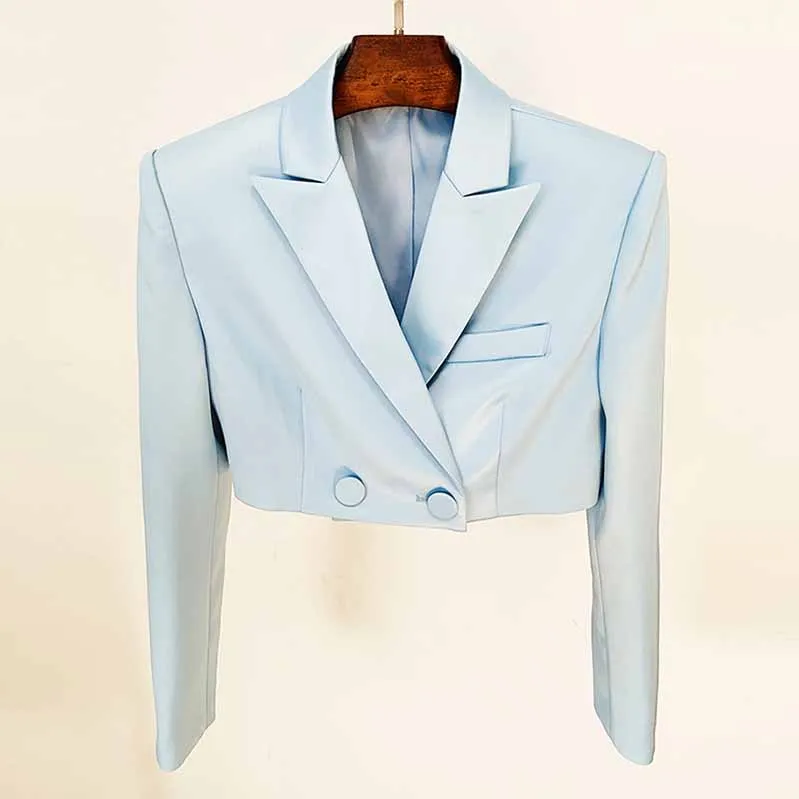 Women Long Sleeves Sky Blue Satin Short Blazer   Shorts Suit