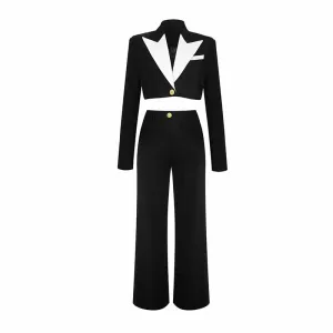 Women Pant Suits 2 Piece Suits with Short Blazer Pantsuit Color Contrast Black Fashion Pantsuits