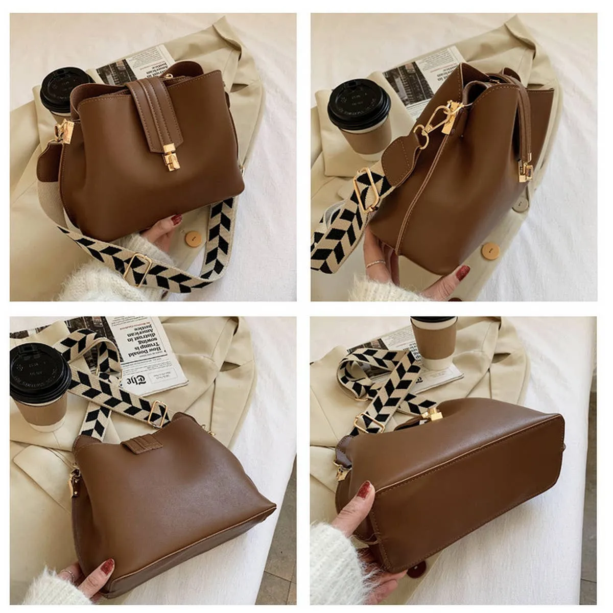 WOMEN RETRO SHOULDER BUCKET BAG_CWAB1552: Brown / (OS) 1