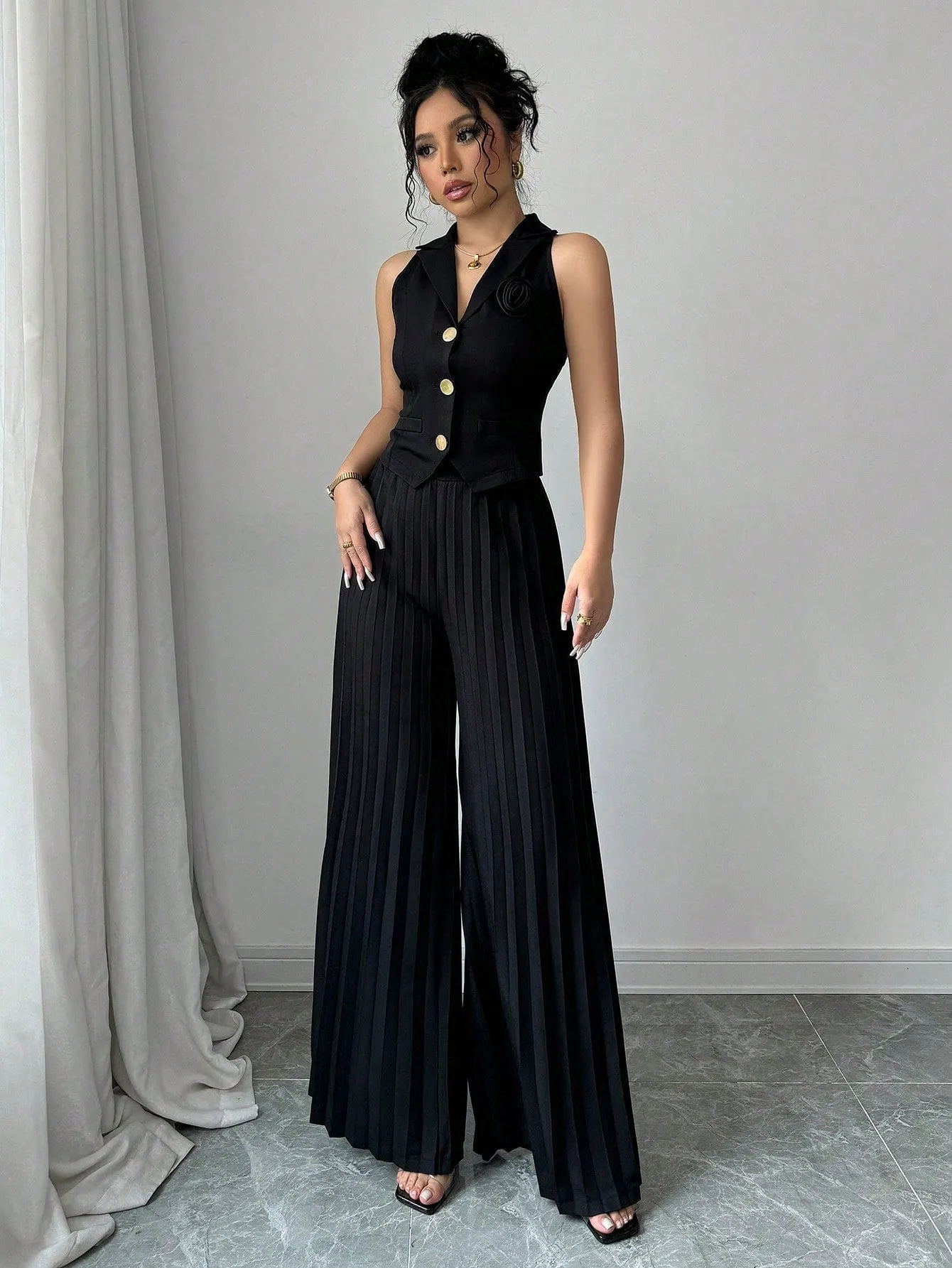 Women Spring Autumn Elegant Short Fitted 3D Floral Decor Single-Breasted Vest Jacket   Women Spring Autumn Elegant Long Pleated Pants