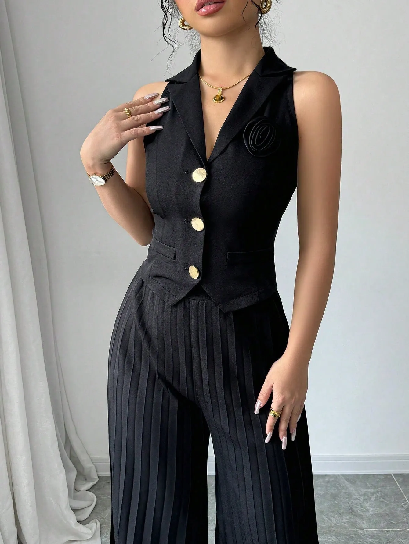 Women Spring Autumn Elegant Short Fitted 3D Floral Decor Single-Breasted Vest Jacket   Women Spring Autumn Elegant Long Pleated Pants