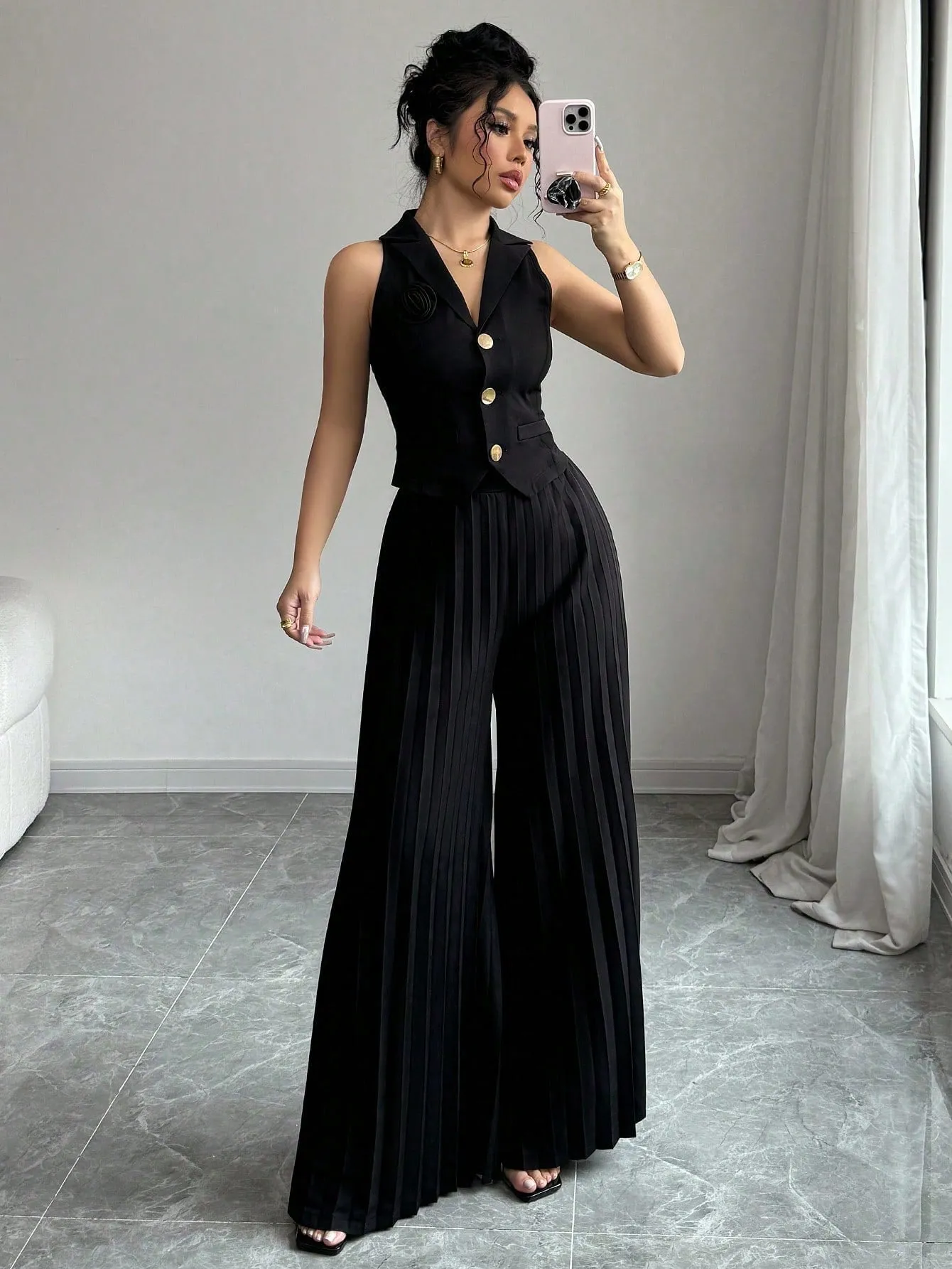 Women Spring Autumn Elegant Short Fitted 3D Floral Decor Single-Breasted Vest Jacket   Women Spring Autumn Elegant Long Pleated Pants