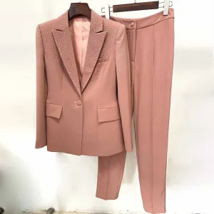 Women's 2 Piece Pantsuit Camel One Button Drilling Suit Fashionable Set Slim Fit Blazer Pans Suits