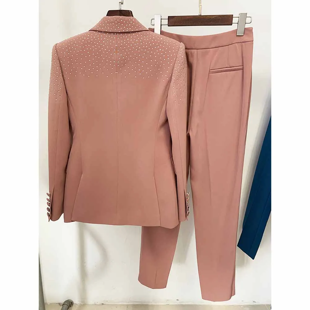 Women's 2 Piece Pantsuit Camel One Button Drilling Suit Fashionable Set Slim Fit Blazer Pans Suits