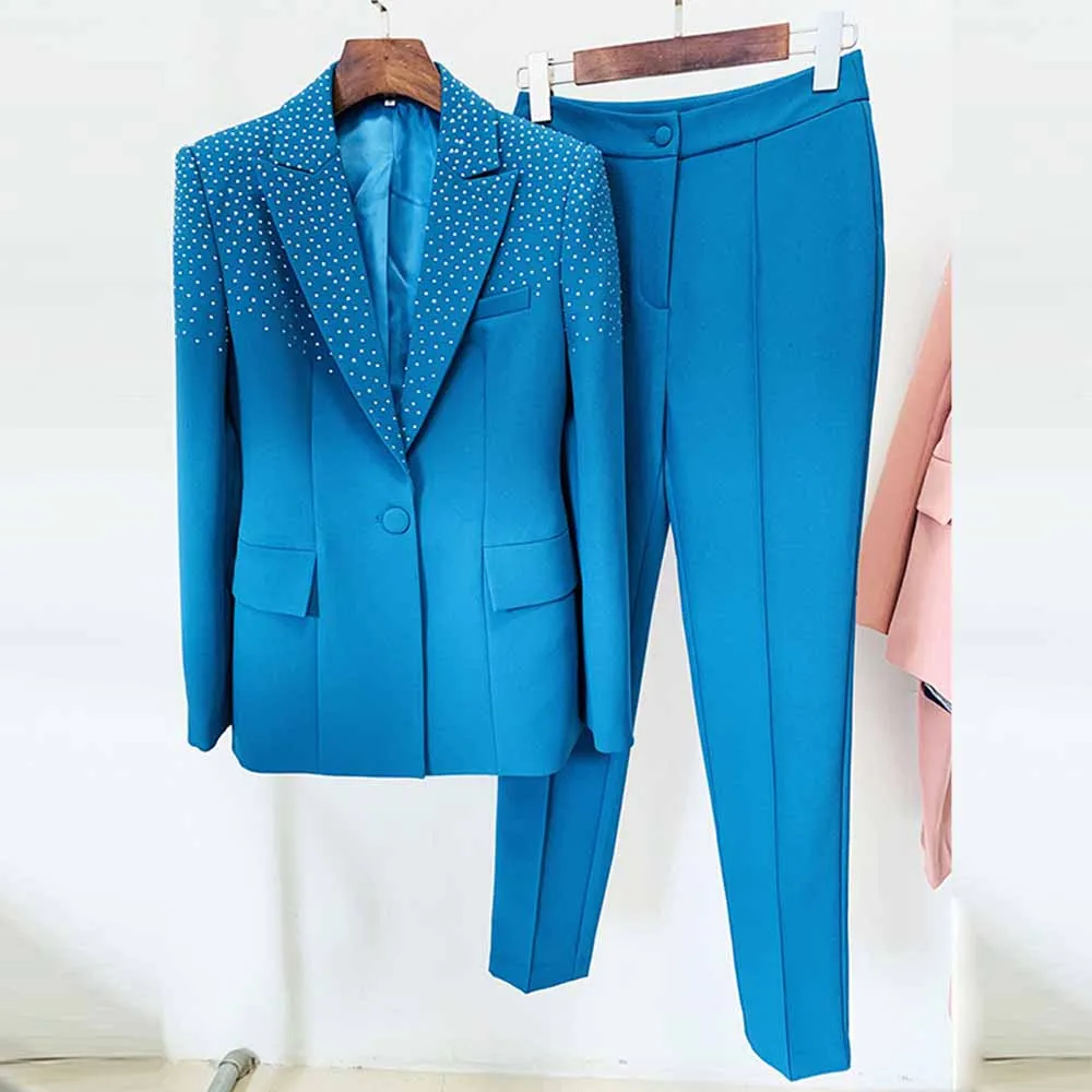 Women's 2 Piece Pantsuit Camel One Button Drilling Suit Fashionable Set Slim Fit Blazer Pans Suits