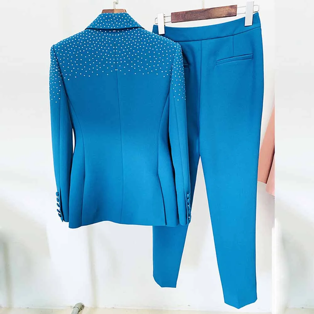 Women's 2 Piece Pantsuit Camel One Button Drilling Suit Fashionable Set Slim Fit Blazer Pans Suits