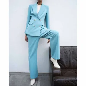 Women's Blazer Suits Double Breasted Two Piece Pant Suit Office Lady Suits