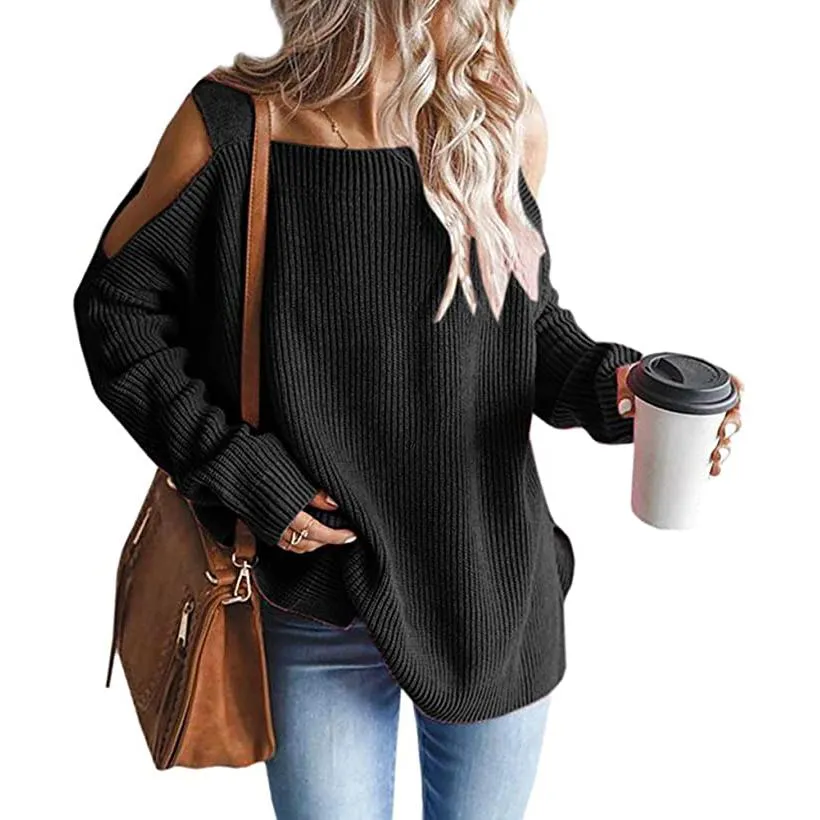 Women's Cold Shoulder Batwing Chunky Knitted Tunic Tops