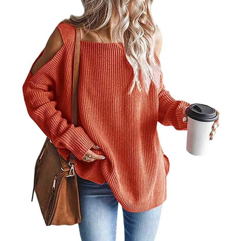 Women's Cold Shoulder Batwing Chunky Knitted Tunic Tops