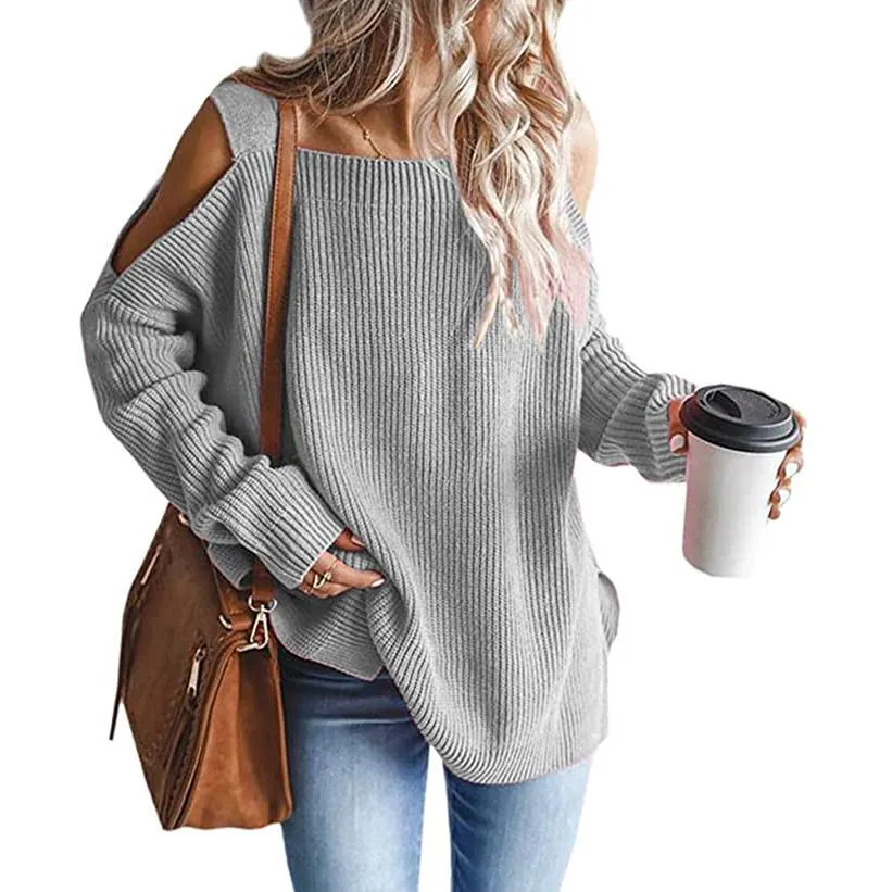 Women's Cold Shoulder Batwing Chunky Knitted Tunic Tops