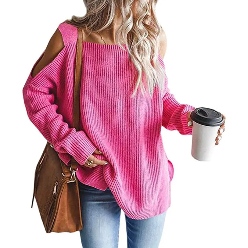 Women's Cold Shoulder Batwing Chunky Knitted Tunic Tops