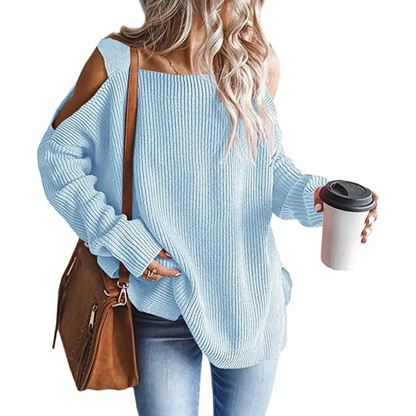 Women's Cold Shoulder Batwing Chunky Knitted Tunic Tops
