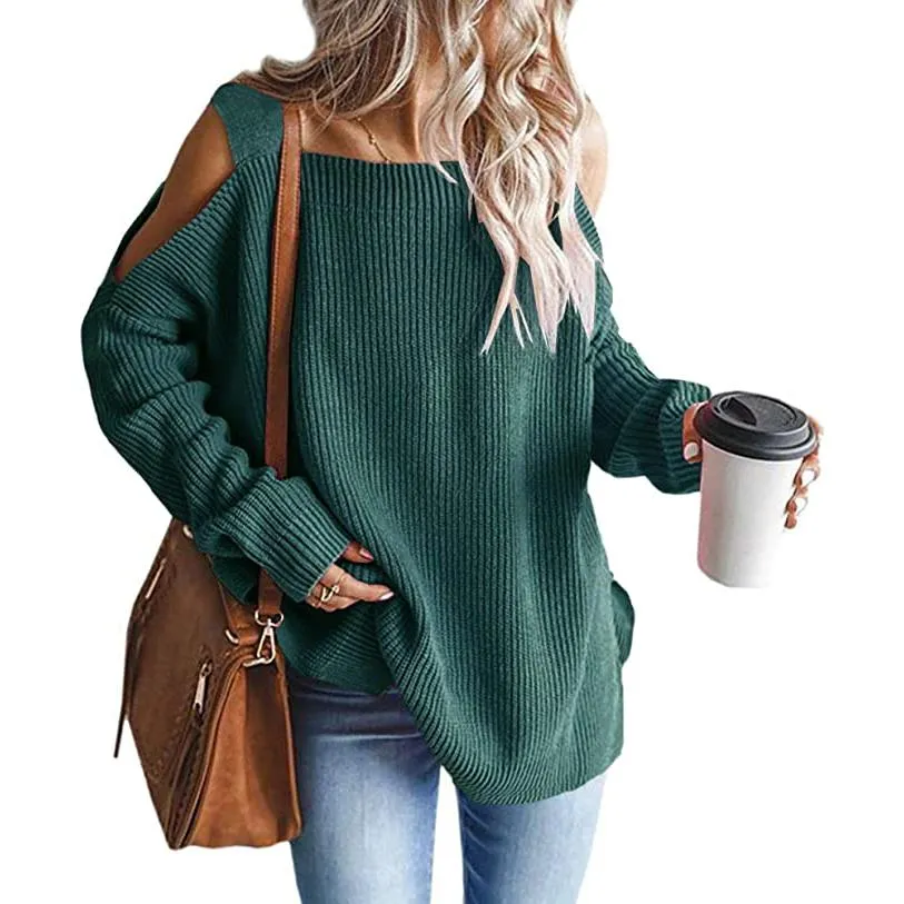 Women's Cold Shoulder Batwing Chunky Knitted Tunic Tops