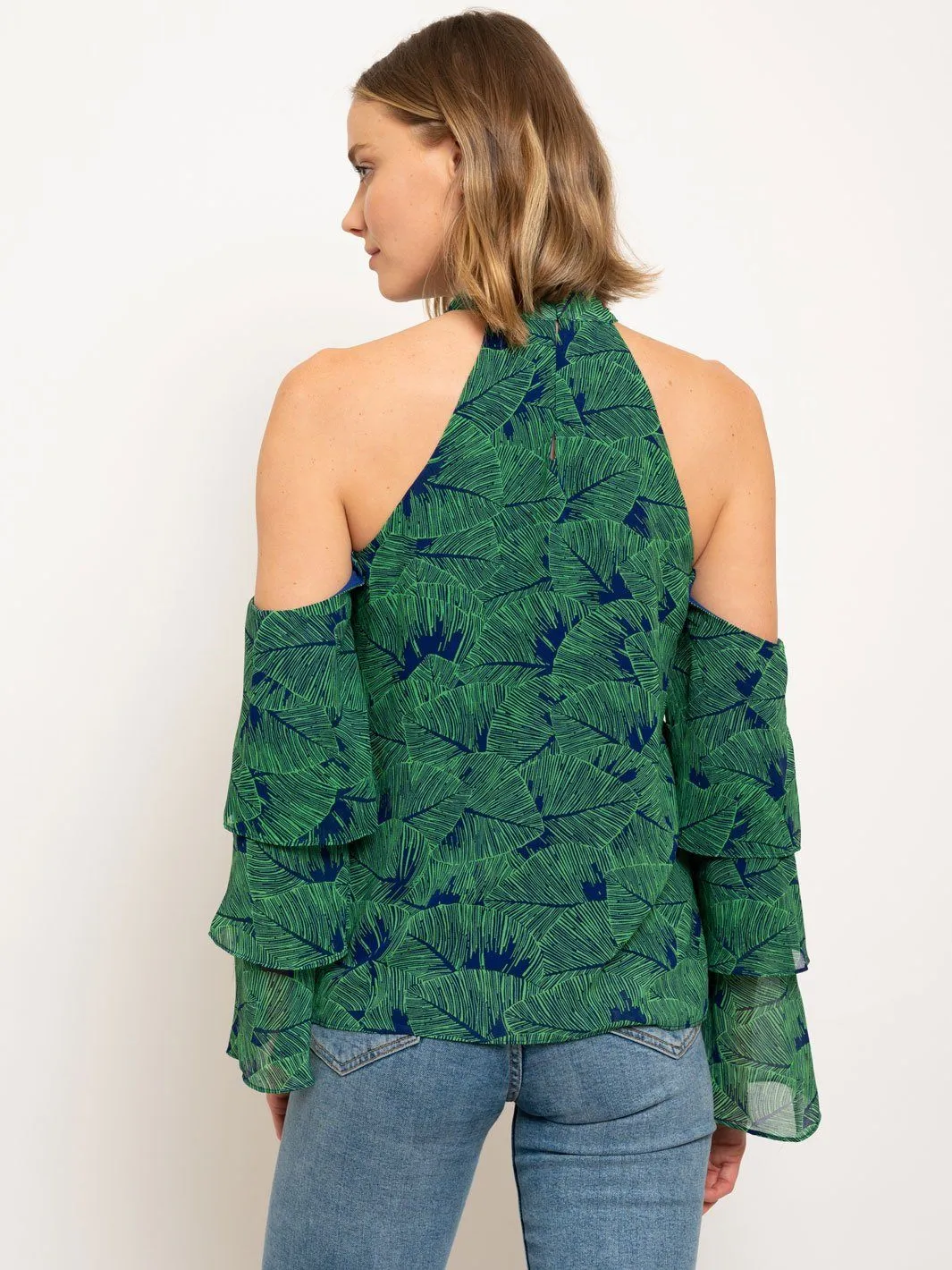 WOMEN'S COLD SHOULDER LEAF PRINT TOP