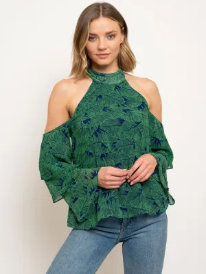 WOMEN'S COLD SHOULDER LEAF PRINT TOP