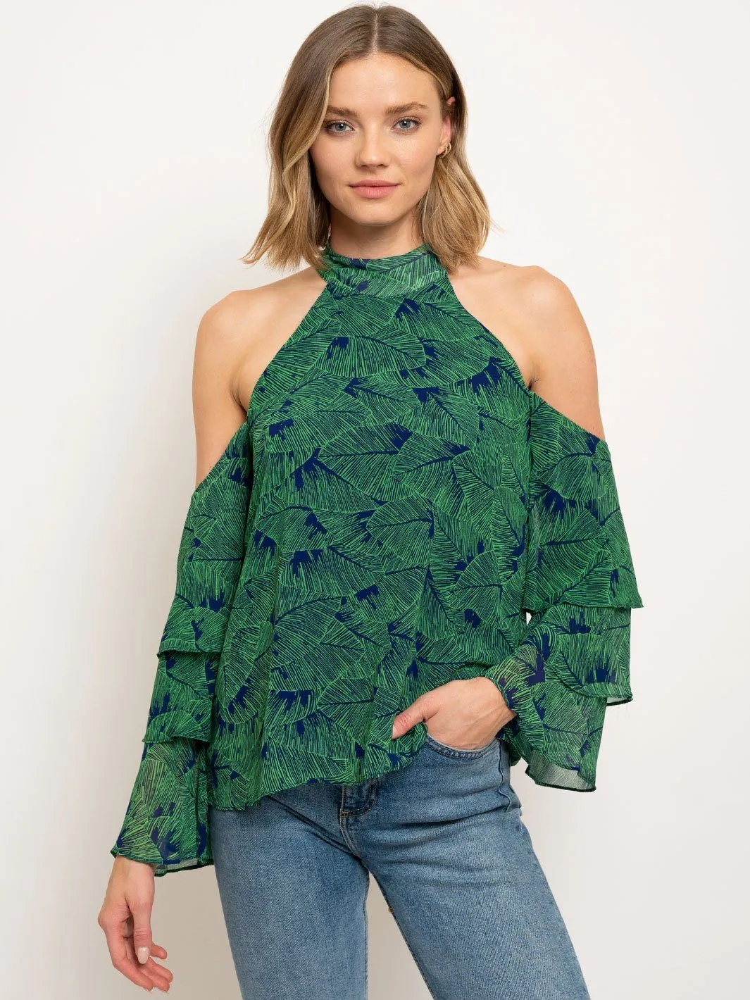 WOMEN'S COLD SHOULDER LEAF PRINT TOP