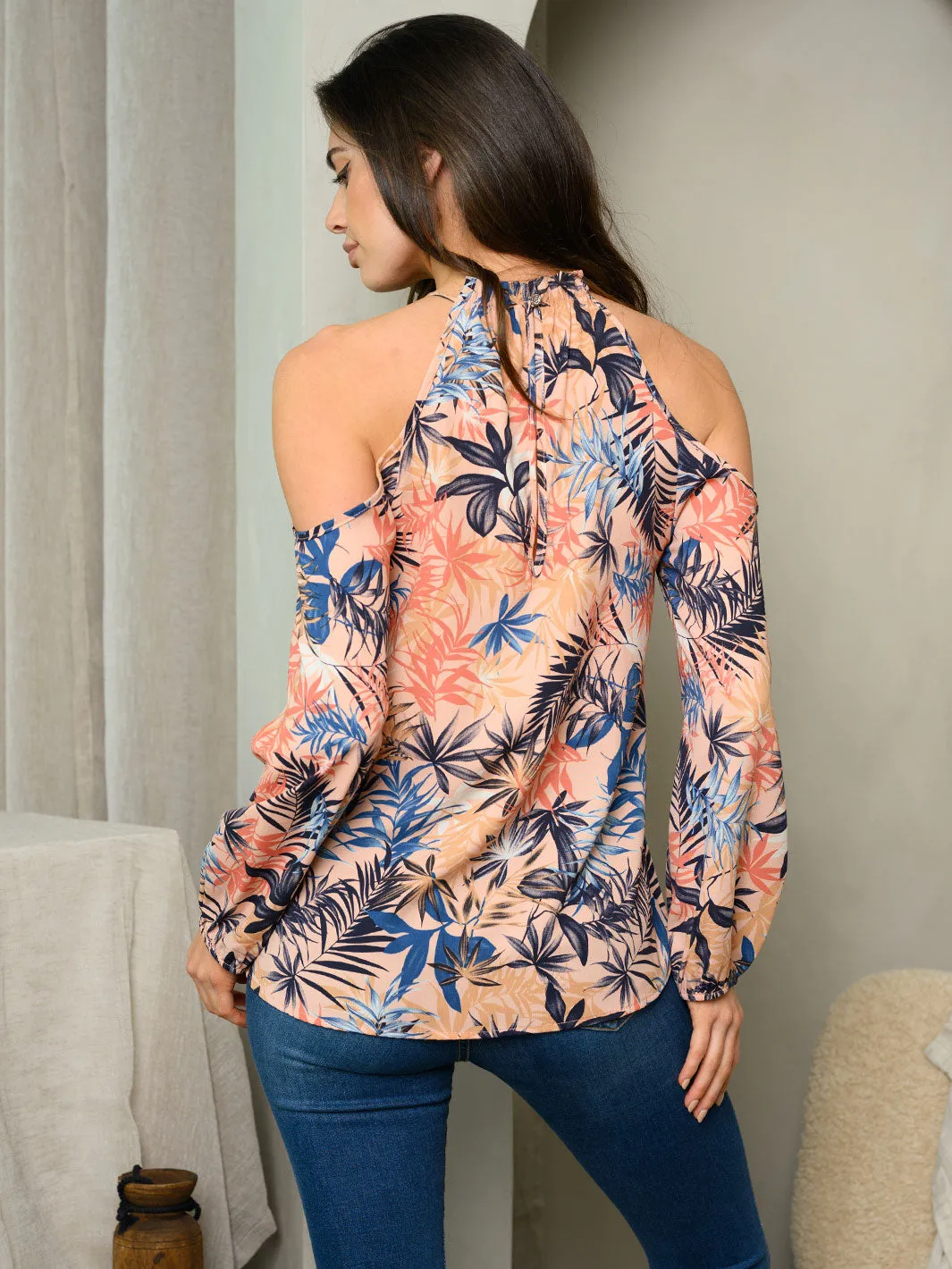 WOMEN'S COLD SHOULDER MULTI LEAF PRINT TOP