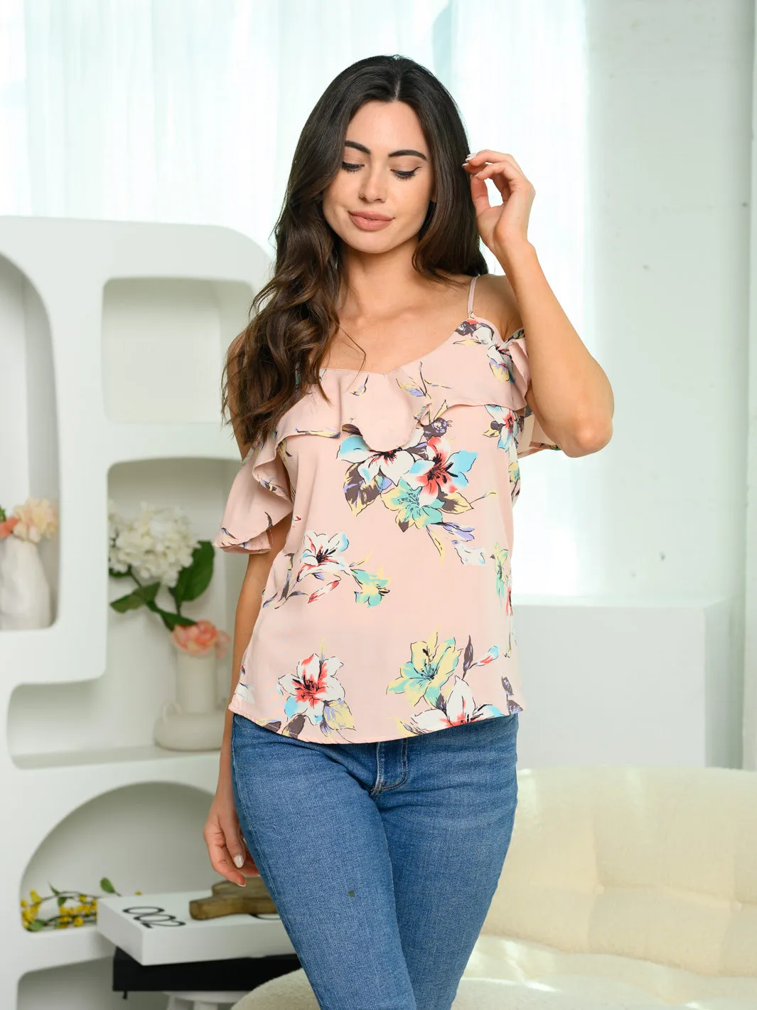 WOMEN'S COLD SHOULDER RUFFLE FLORAL TOP