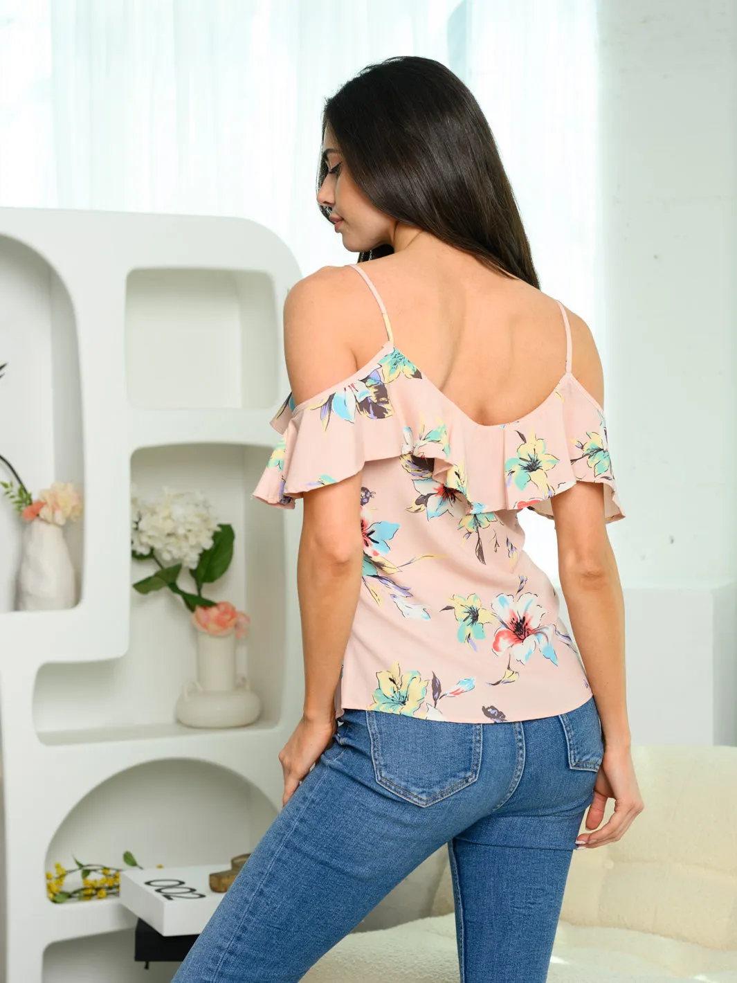 WOMEN'S COLD SHOULDER RUFFLE FLORAL TOP