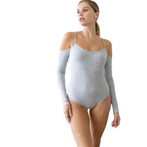 Women's Heather Grey Cold Shoulder Long Sleeve Ribbed Bodysuit