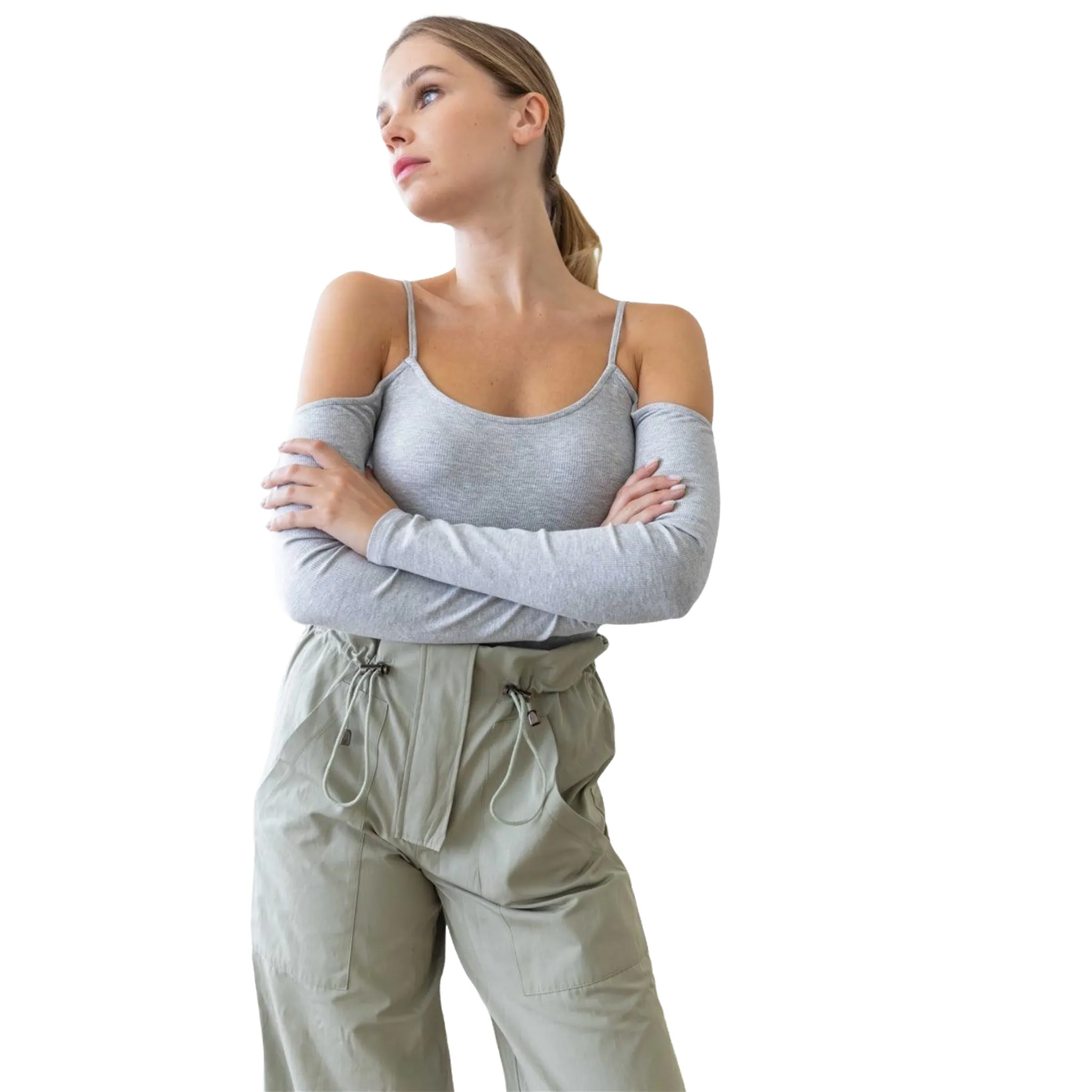 Women's Heather Grey Cold Shoulder Long Sleeve Ribbed Bodysuit