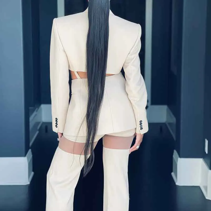 Women's Hollowed Suits Wide Leg Trouser Suit 2 Piece Pantsuits In Apricot