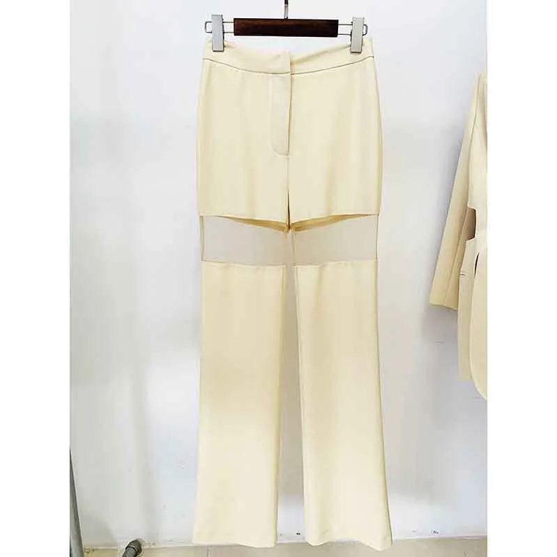 Women's Hollowed Suits Wide Leg Trouser Suit 2 Piece Pantsuits In Apricot
