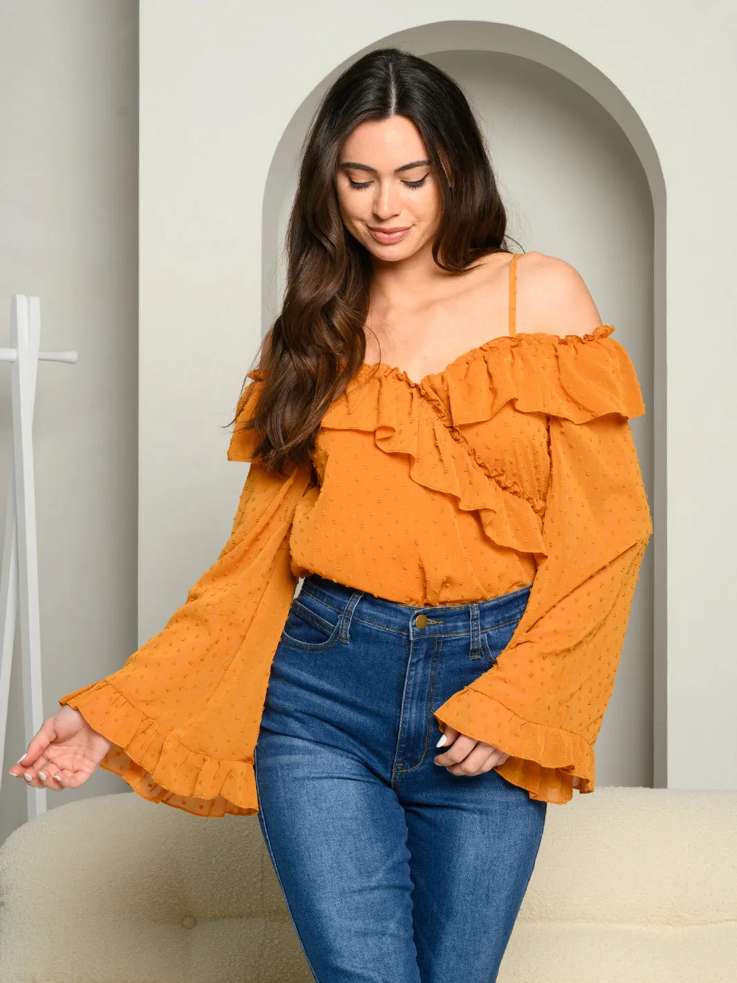 WOMEN'S LONG BELL SLEEVE COLD SHOULDER RUFFLE BODYSUIT
