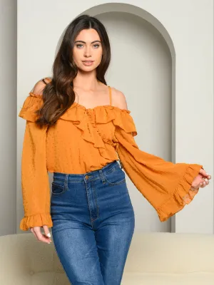 WOMEN'S LONG BELL SLEEVE COLD SHOULDER RUFFLE BODYSUIT