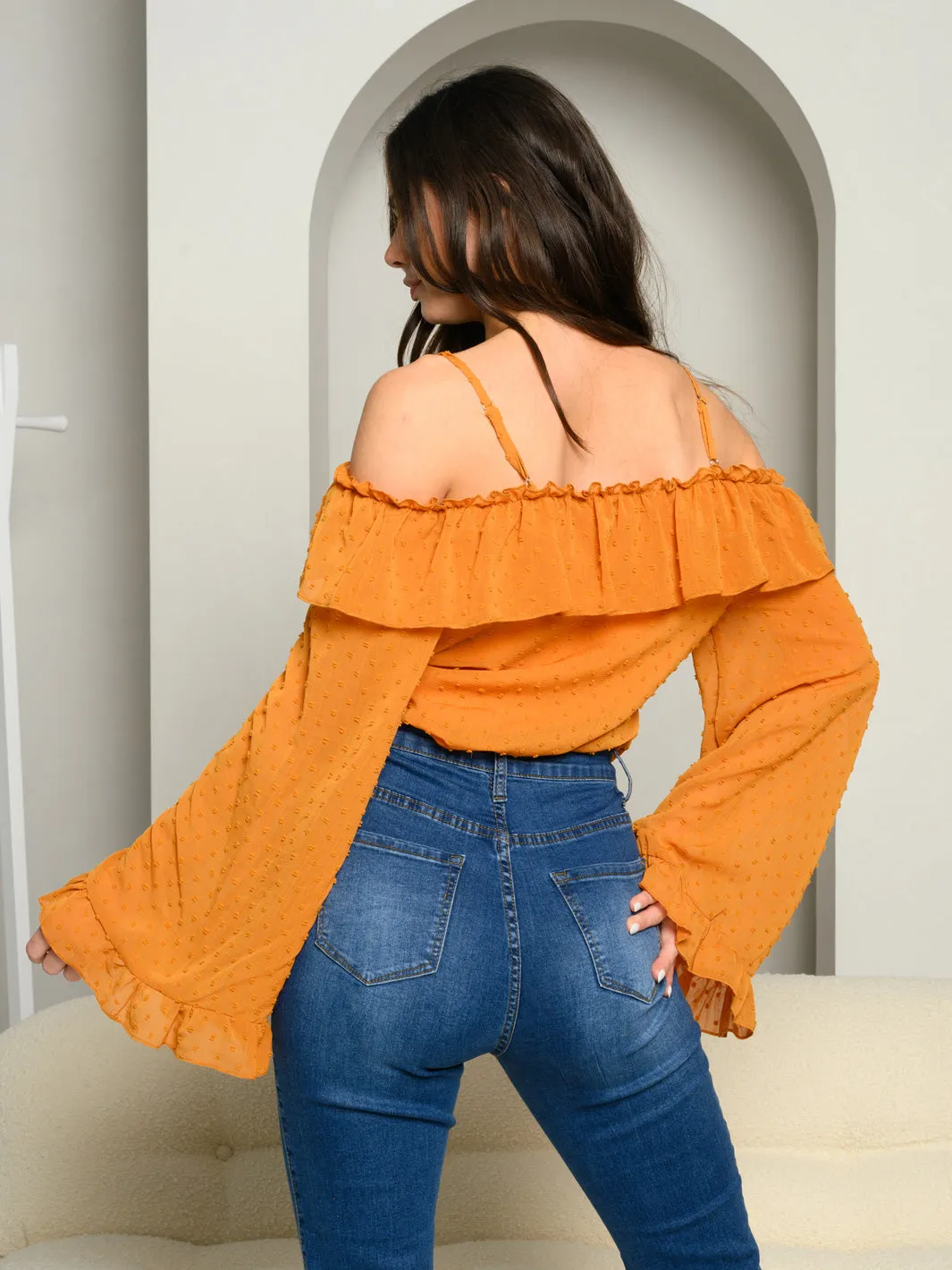 WOMEN'S LONG BELL SLEEVE COLD SHOULDER RUFFLE BODYSUIT