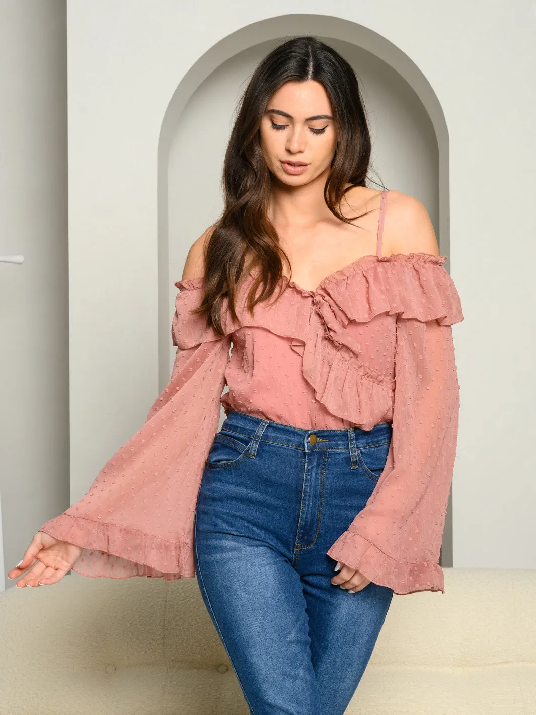 WOMEN'S LONG BELL SLEEVE COLD SHOULDER RUFFLE BODYSUIT