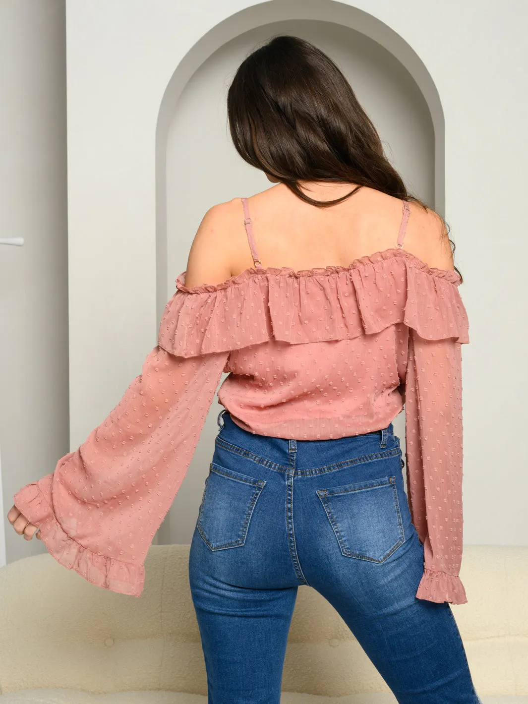 WOMEN'S LONG BELL SLEEVE COLD SHOULDER RUFFLE BODYSUIT