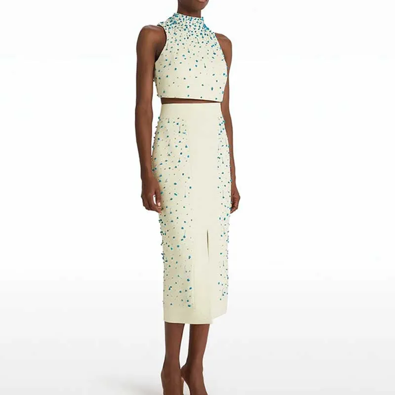 Womens Midi Skirt Suit Halter Neck Formal Event Suit High Waist Wedding Suit